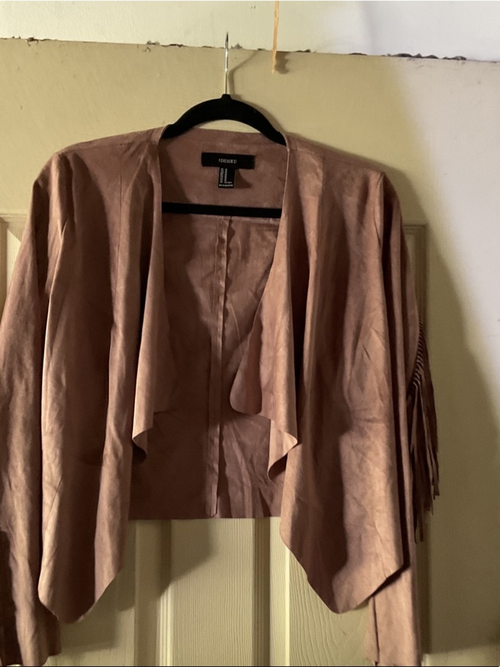 Forever 21 Dusty Taupe Faux-Suede Fringe Open-Front Jacket - Women